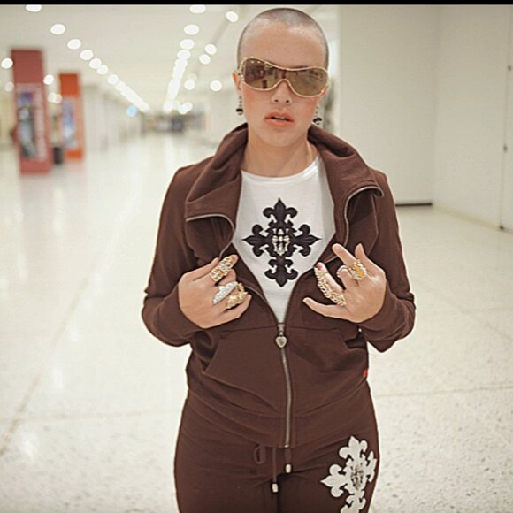 TWISTED HEART Pants - TWISTED HEART AMERICA COCOA BROWN 3 PIECE SWAVORSKI COWL NECK 3 PIECE SWEAT SUIT